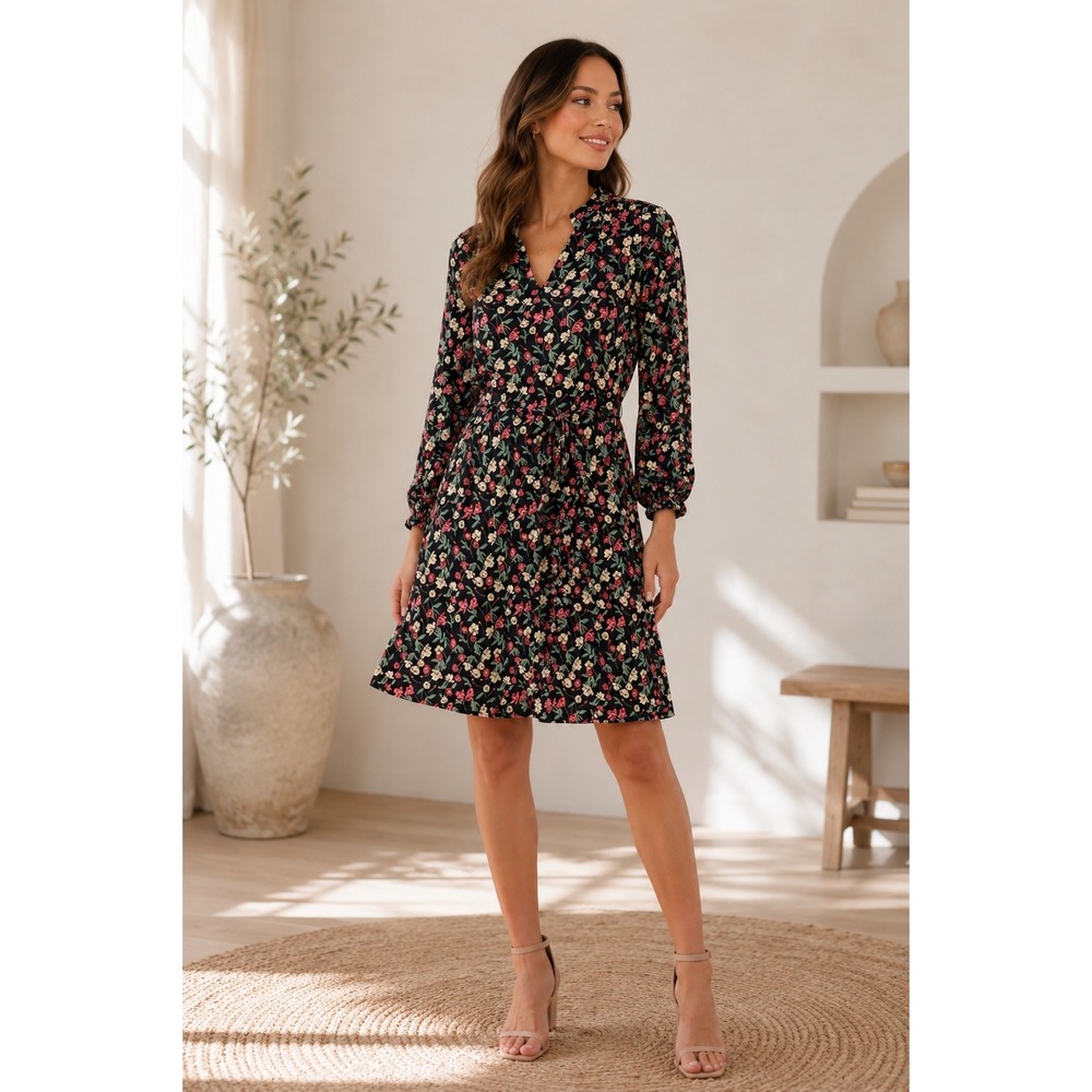 Draper James RSVP Floral Dress Women's Small Black V-Neck 3/4 Sleeve Rayon